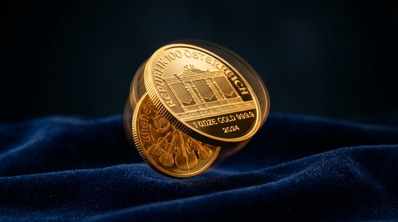 Moneda de oro conmemorativa europea girando en el aire con iluminación cálida y sombras azul marino