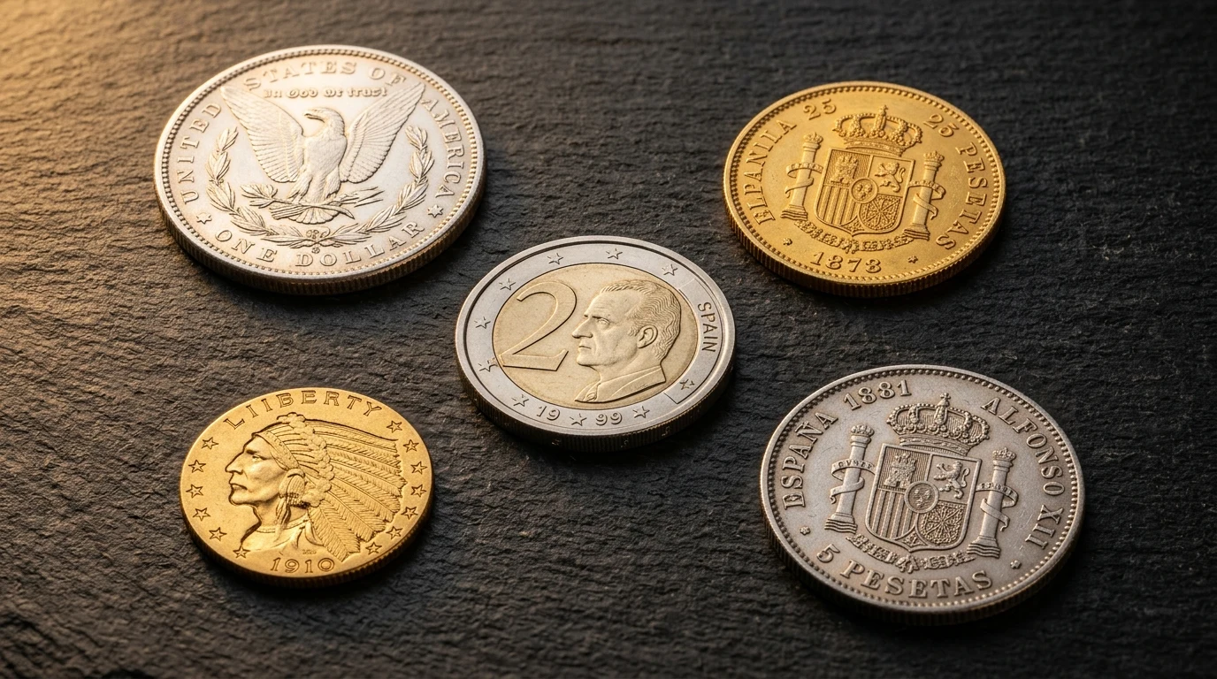 Conjunto de monedas históricas y modernas de oro y plata ordenadas sobre mesa de pizarra oscura