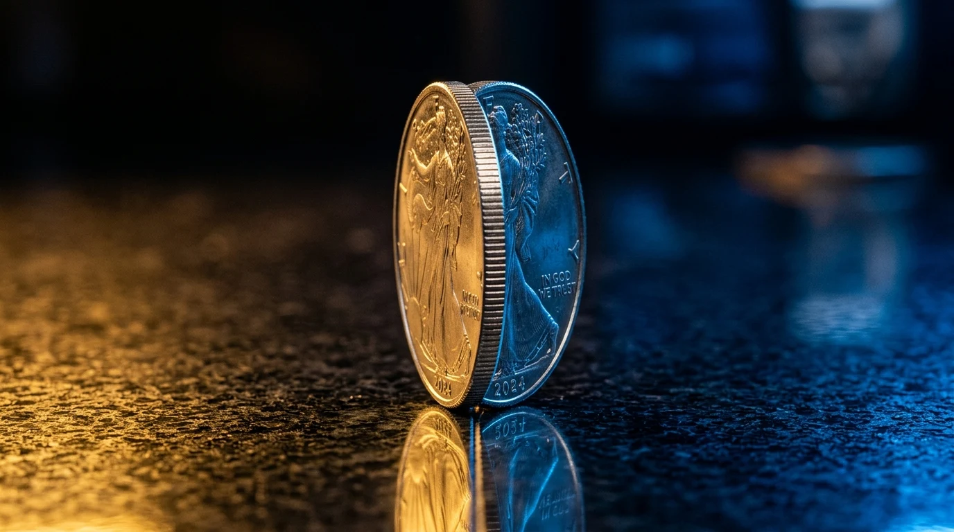 Moneda de plata en equilibrio sobre su canto entre luz dorada y luz azul zafiro
